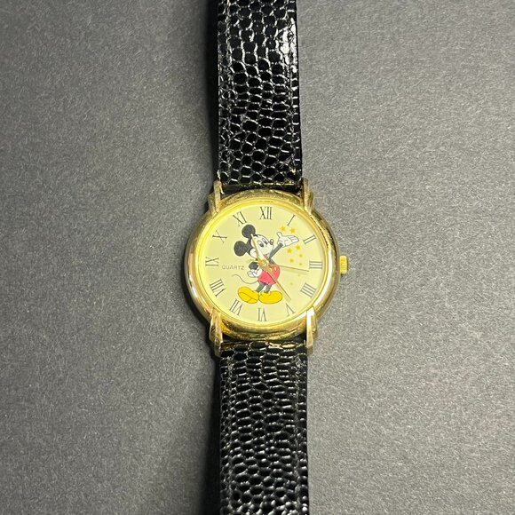 Vintage Disney Mickey Mouse Quartz Gold Case & Black Leather Band Wrist Watch - Picture 2 of 6